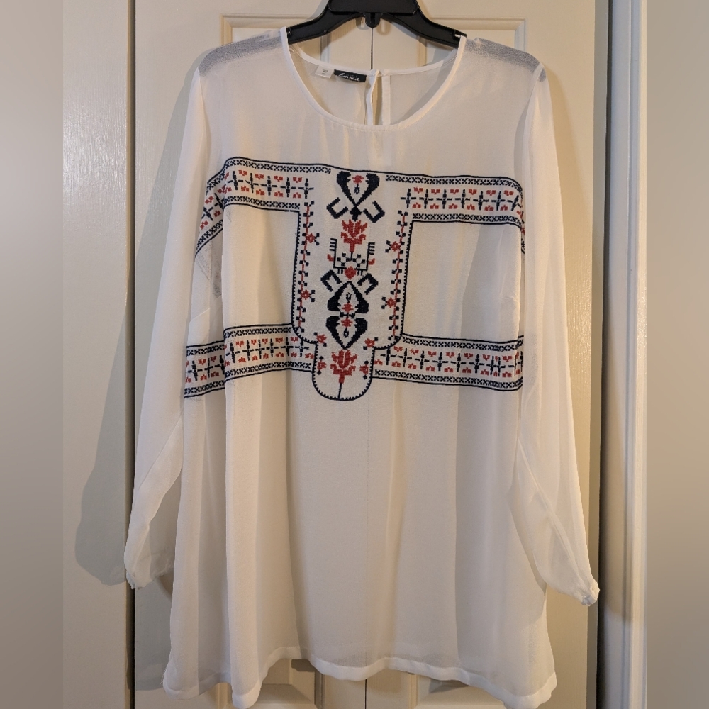 Simply Emma White Blouse with Navy & Rust Orange Embroidery 2X